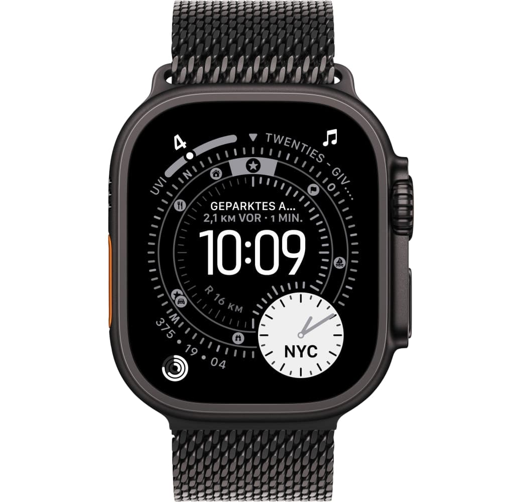 Schwarz Apple Watch Ultra 3 GPS + Cellular, Titangehäuse, Milanaiseband, 49 mm.2